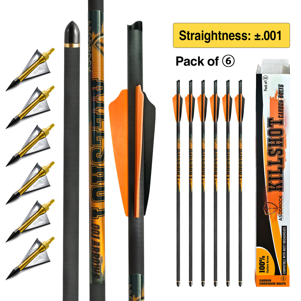 Crossbow Bolts 20 Inch 400 Grain Carbon Crossbow Arrows-0.001“ with 6 pcs broadhead